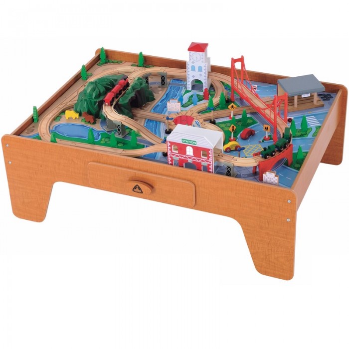 Set trenulet din lemn Big City Train cu masuta de joaca maro